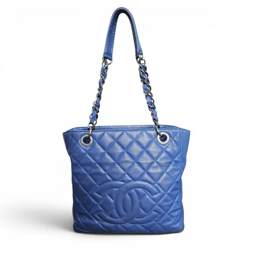 Vintage Chanel Caviar Petite Shopping Tote Blue Quilted